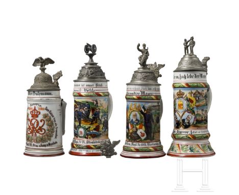 Vier Reservistenkrüge, Baden, 1899 - 1908 Halbliter-Porzellankrug (Risse in Boden und Wandung) des Grenadiers Salzmann vom 2.