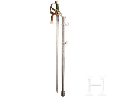 Pallasch M 1817 für Mannschaften im Kürassier-Regiment Nr. 4 Nummerngleich. Kräftige, beidseitig doppelt gekehlte Rückenkling