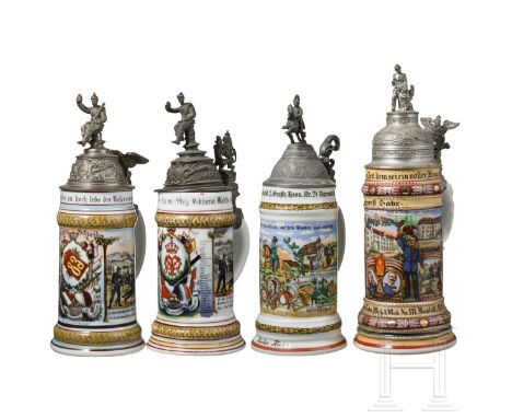 Vier Reservistenkrüge, Hessen und Baden, 1899 - 1915 Halbliter-Porzellankrug des Reservisten Schneider vom Infanterie-Regimen