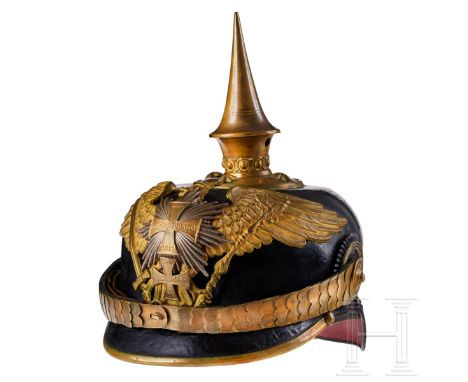 'A helmet for Prussian Guard Landwehr Infantry Reserve Officers Black lacquered leather body; front visor with green underlay