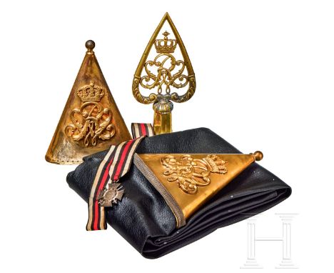 An Imperial German Prussian M 1871 Standarte pole top, streamer and oil cloth cover Brass etched pole top with Prussian crown