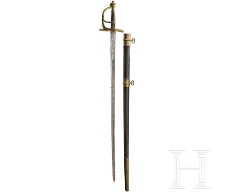 Langer Reiterdegen aus der Regierungszeit von Georg III. (1760 - 1820) Lange Rückenklinge (narbig), an beiden Seiten gekehlt 