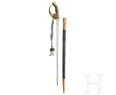 An Imperial German Prussian Fahnenträger sword Gilt model IOD 89 officer handle, wire wrapped black skin grip with Prussian c
