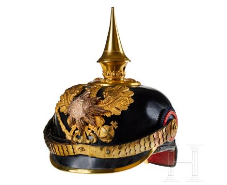 'A helmet for Oldenburg 91st Infantry Regiment Officers Black lacquered leather body; front visor with green underlay, rear v