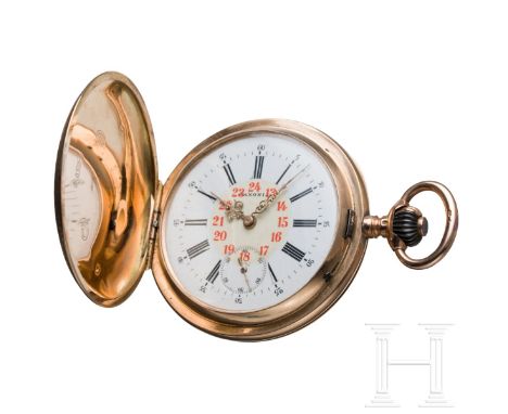 Goldene Taschenuhr von Saxonia, Dresden Goldenes Gehäuse, die beidseitigen Deckel mit feinst graviertem Reichsadler und umlau