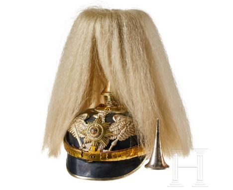 'A helmet for Prussian Guard Reserve Pioneer Officers, with bush Black lacquered leather body; front visor with green underla