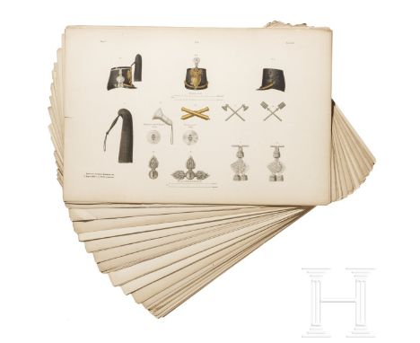 63 großformatige Tafeln mit russischen Uniformen und Waffen, hauptsächlich für Offiziere der kaiserlichen russischen Marine, 