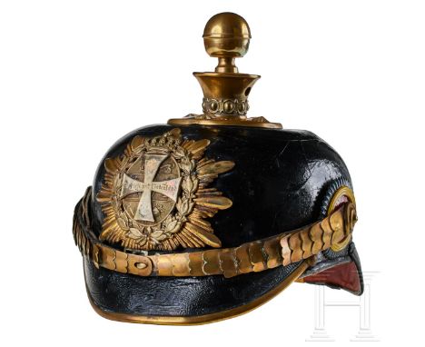 'A helmet for Mecklenburg Field Artillery Regt. 60 Reserve Officers Black lacquered leather body, front and rear visor; front