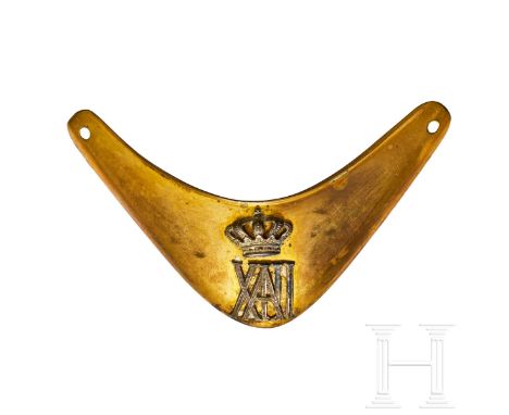 A Spanish Officer Gorget Brass crescent base with silver center insignia of Spanish King Alfonso the 13th and crown attached 