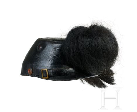 A field shako for Saxon Fusilier Regiment 108 Enlisted Men Black oil cloth; covered leather body with black leather front vis