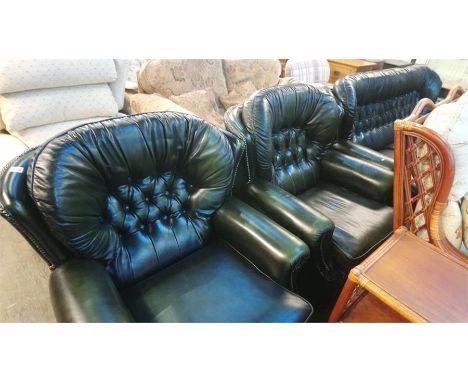 Green leather button back three piece suite