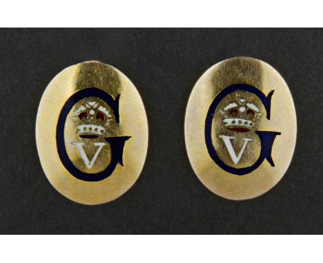 A pair of George V gold and enamel cufflinks, the oval plaques with the Royal monogram and crown, chain link connections Thes