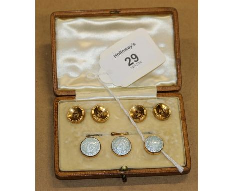 A pair of button style yellow metal cufflinks, with figure of eight connections, together with three enamelled dress buttons,