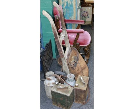 A late 19th/early 20th century sack barrow, vintage petrol cans and other items