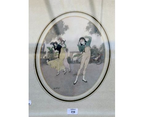 After Edmund Dulac 'The Flirts', a print together with two watercolour landscapes, one signed Aldridge (3)