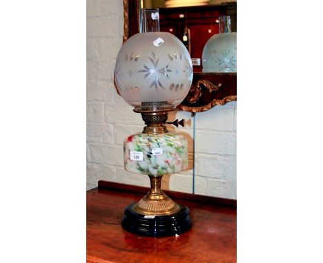 A Victorian gilt brass and flake glass oil lamp, with duplex burner
