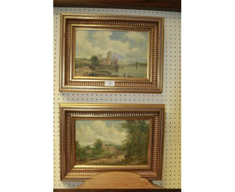 Alfred Vickers (British 19th century) Figure and horses on a path before a half timbered manor house and church oil on canvas