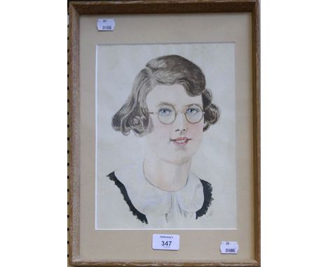 G.  Sparks (20th century, British) Head and shoulders portrait of a bespectacled young girl, watercolour together with a wate
