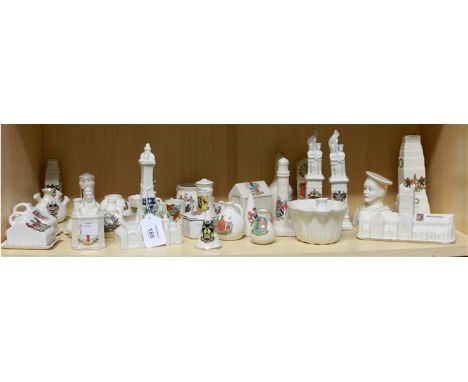A collection of crested china, including Blackpool Tower, Worcester Cathedral and others