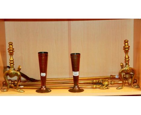 A set of three 19th century brass fire tools, and a pair of andirons