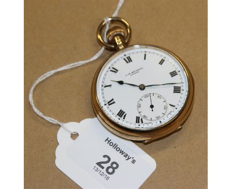 J. W. Benson, a 9ct gold cased open face pocket watch, crown wind with 15 jewel Swiss movement and enamel Roman dial