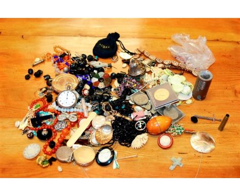 A mixed lot of costume and other jewellery, a silver scallop caddy spoon, pocket watch and other items