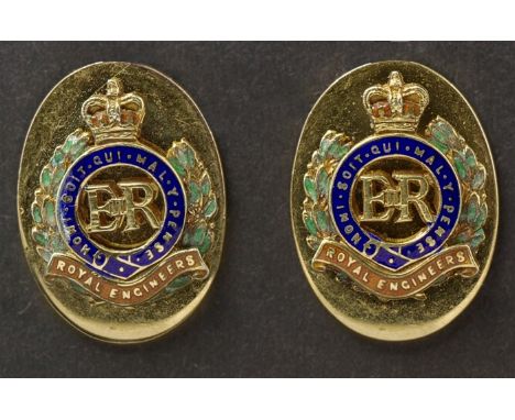 A pair of gold and enamel Royal Engineers cufflinks, the oval panels with applied enamelled crests and motto, 9ct gold
