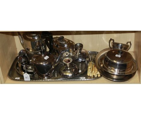 A mixed lot of EPNS, including tea service, bread board, condiments, covered dish, flatware, two silver mustard spoons, and o