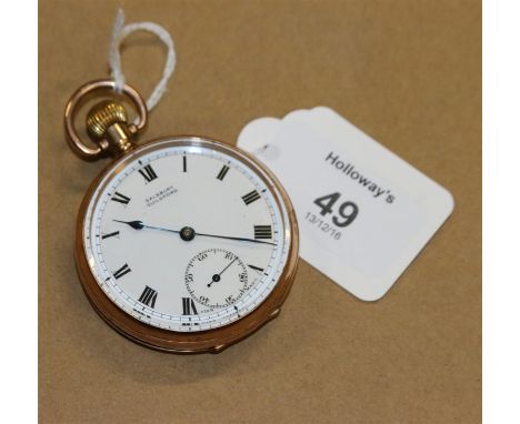 A gentleman's 9ct gold open-faced watch, white enamel dial, Roman numerals and subsidiary seconds at six o'clock, keyless lev