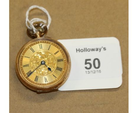 A lady's open faced watch, the engine-turned dial with Roman numerals, the back plate marked 14K, profusely engraved with scr
