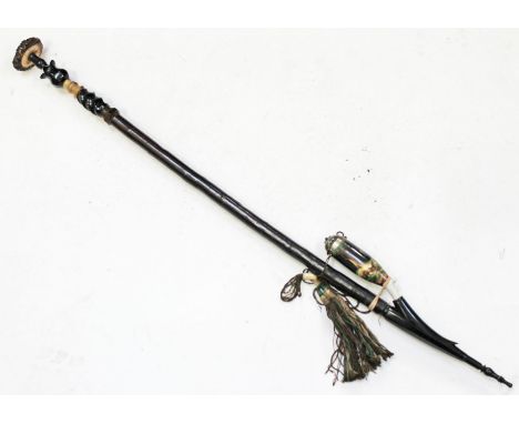 A large 19th Century Black Forest pipe with white metal mounted pot bowl, worked horn and birch shaft with antler mouth piece