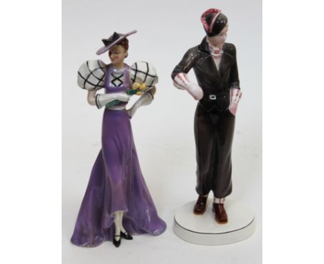 Two 1930s Art Deco figures comprising a Katzhutte skier and Goebel woman holding flowers, height approx. 28cm. Condition - sk