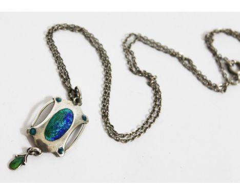 An Edwardian Art Nouveau silver enamel pendant on chain, Henry Williamson Ltd, Birmingham 1908, pendant length 4cm, chain len