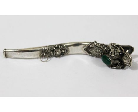 A Chinese white metal and jade mounted cheroot holder, length 8.5cm, with associated box.
