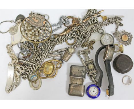 A mixed lot to include a Sterling silver Art Deco style purse watch, 4 hallmarked silver Albert chains, a hallmarked silver b