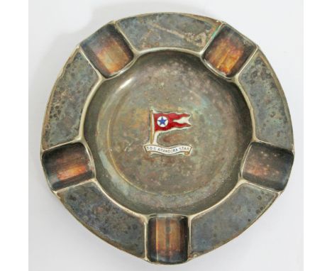 A silver plated ash tray by Mappin & Webb with T.S.S Arandora Star enamel flag, diam. 11.5cm.