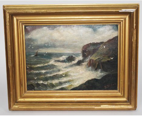 B Bushley, seascape with gulls, oil on canvas, 37cmx 26cm, signed and dated 1911, gilt frame, 52.5cm x 42cm.
