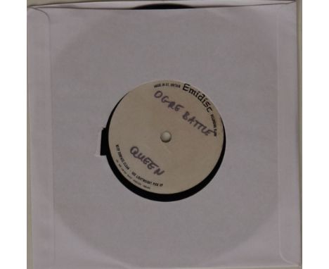 QUEEN - OGRE BATTLE EMIDISC - Very rare 1974 single sided 7" Emidisc acetate of Ogre Battle with handwritten label. Disc has 