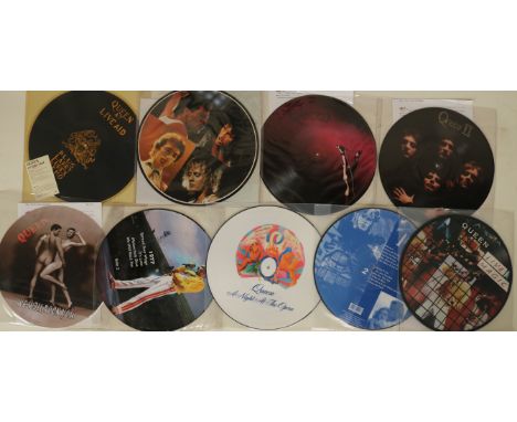 QUEEN PICTURE DISCS - pack of 9 to include "At Live Aid" (LR001), Live in Leiden (with COA and poster), Queen I (Canada), Que