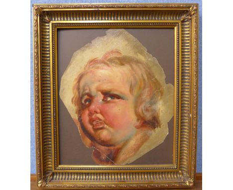 A fragment from an Old Master painting, cherubs head, oil on paper