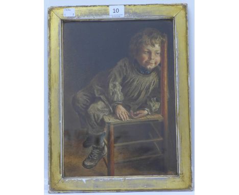 English School (19th Century), portrait of a boy on chair, watercolour and two modern oil paintings, interior scene and hens 