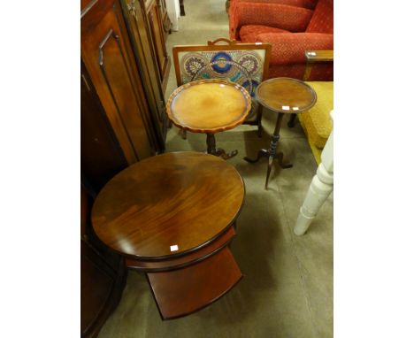 A mahogany nest of tables, two tripod tables and fire screen