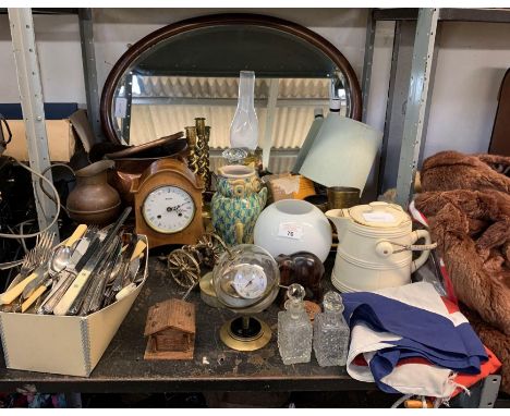 LARGE OVAL MIRROR, BRASS CANDLESTICKS, LAMP. CUTLERY ETC