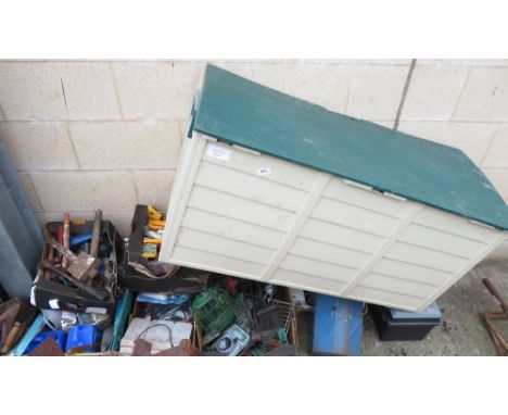 CRATES OF TOOLS, GARDEN EQUIPMENT &amp; PLASTIC GARDEN STORAGE BOX
