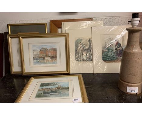 COLLECTION OF PRINTS, SOME FRAMED &amp; LAMP BASE
