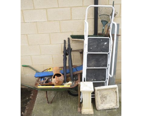 LARGE METAL WHEELBARROW INCLUDING TOOLS, STEP LADDER &amp; BIRD BATH