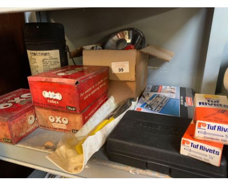 COLLECTION OF VINTAGE OXO TINS, BOXED CARS, SPOT LIGHT &amp; ASSOCIATED TOOLS