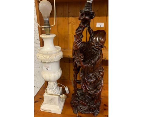 HARDWOOD LAMP BASE IN THE FORM OF A SCHOLAR HOLDING A STAFF &amp; ANOTHER MARBLE LAMP BASE