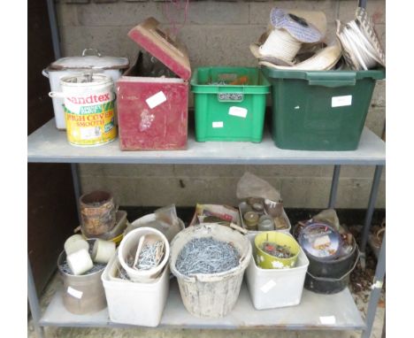 2 SHELVES OF NAILS, SCREWS, COPPER PIPE FITTINGS, CABLES ETC