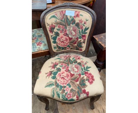 3 CHAIRS, 1 TAPESTRY TOP STOOL ALONG WITH A SMALL FOOTSTOOL
